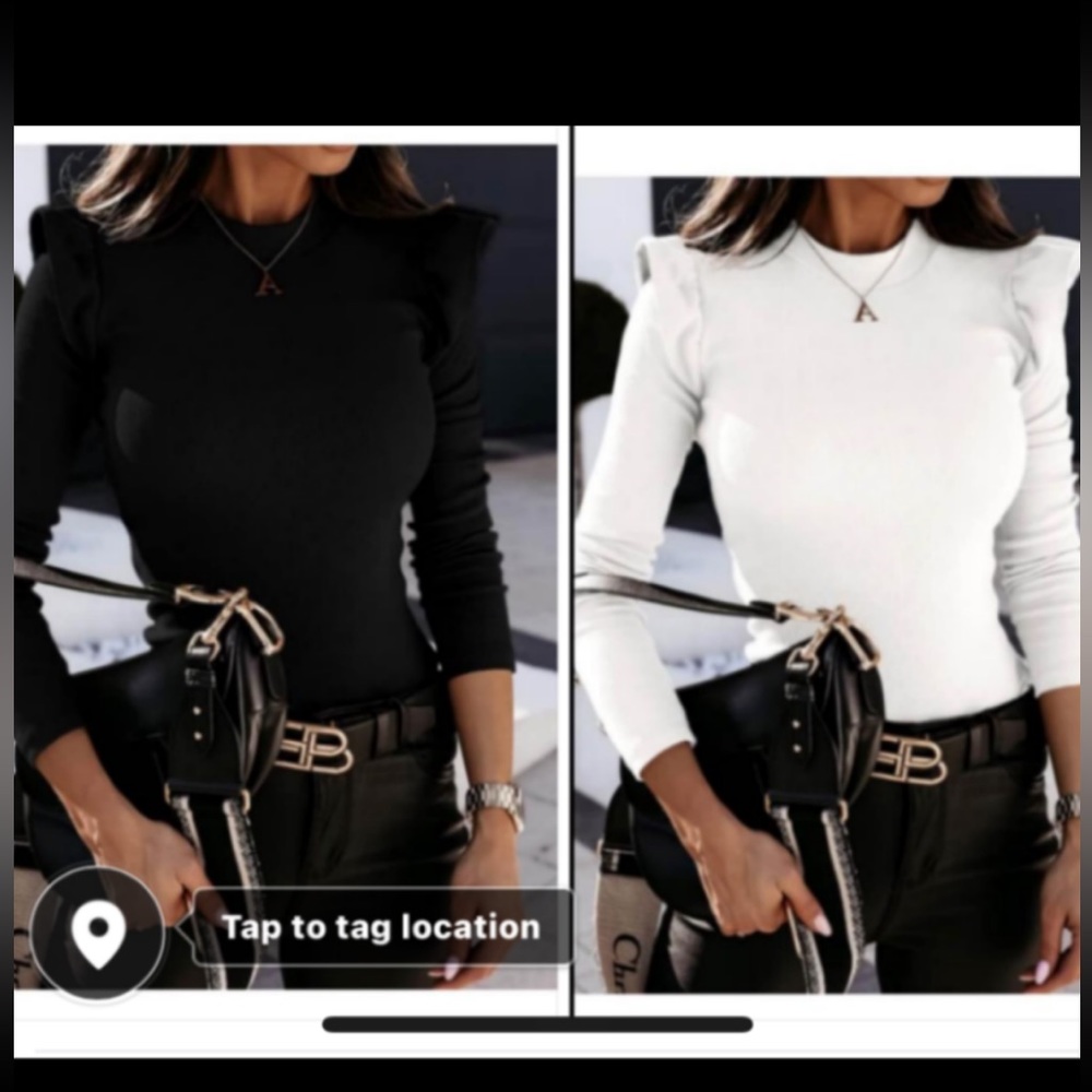 Womens 2 Pack Black/White Long sleeve ruffle shoulder Top. NEW! Size Large